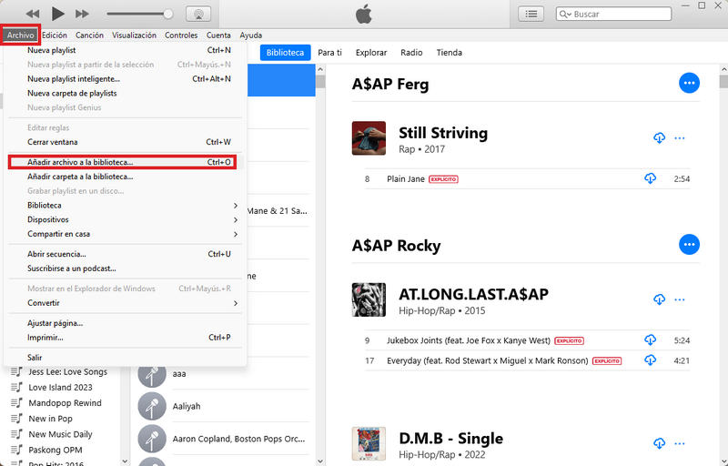 Hacer clic en Add File en iTunes