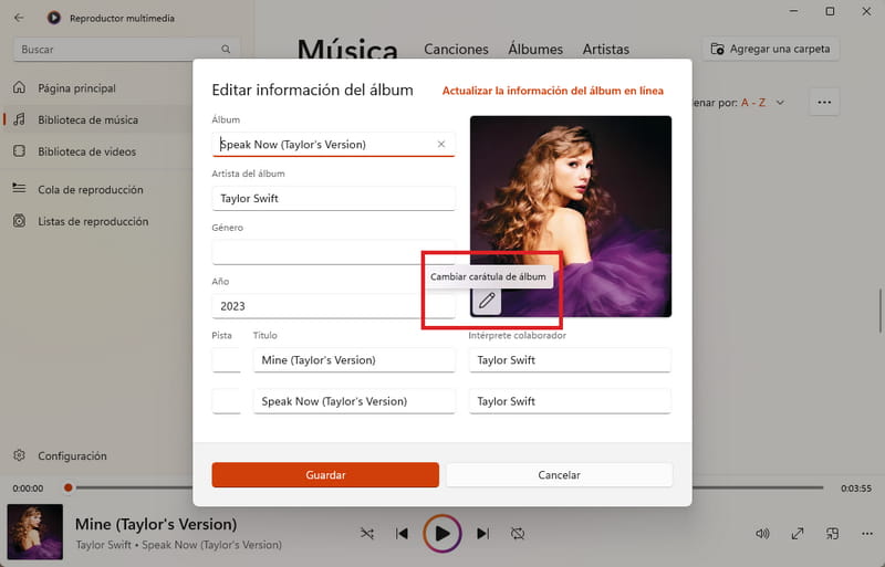 Editar información del álbum en Windows Media Player