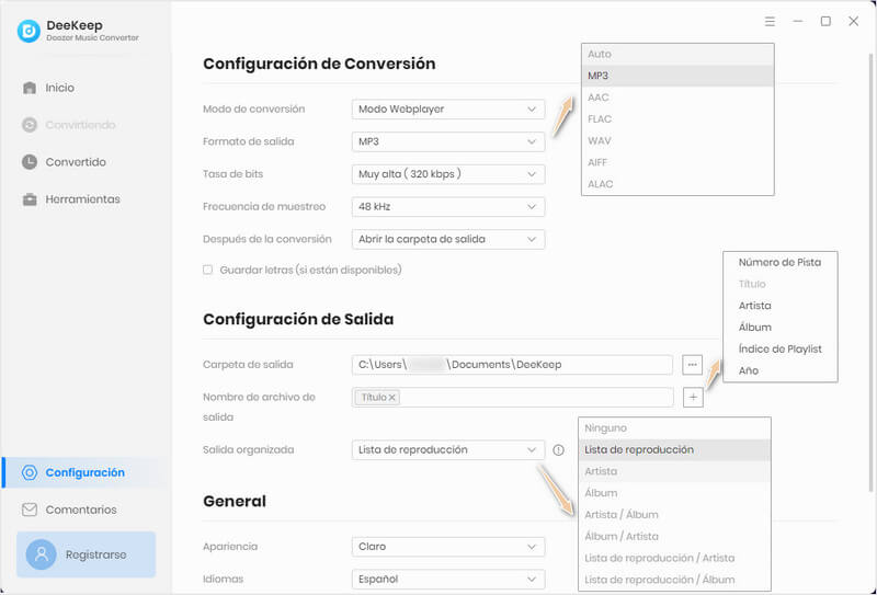 Personalizar la configuración de salida