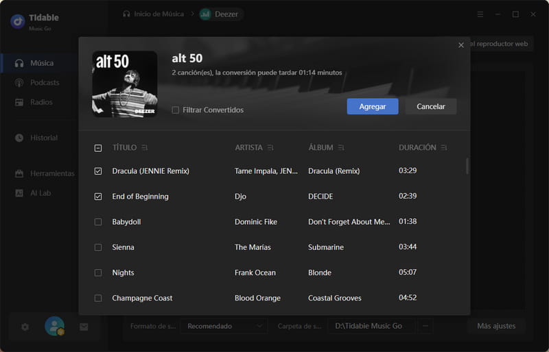 agregar canciones de Deezer