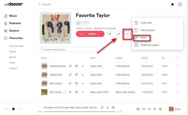 Share playlist on Deezer web