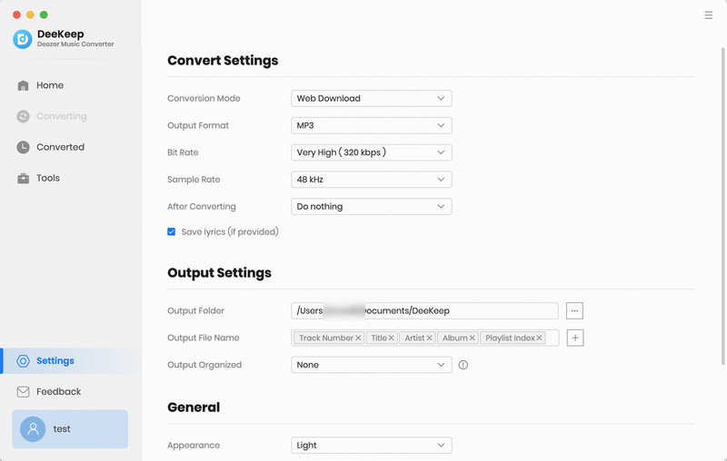 set up deezer music output format