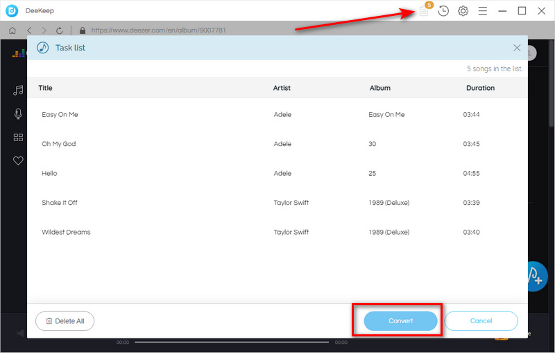 click task list icon to convert all deezer tracks