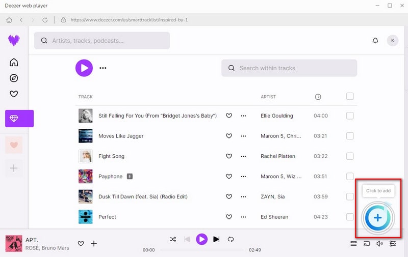 click to add Deezer songs