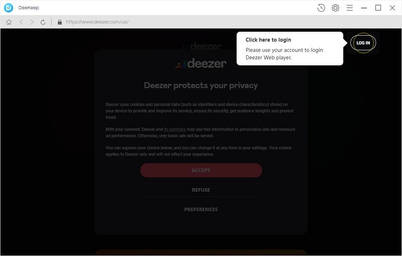 Log in to Deezer Music account on DeeKeep