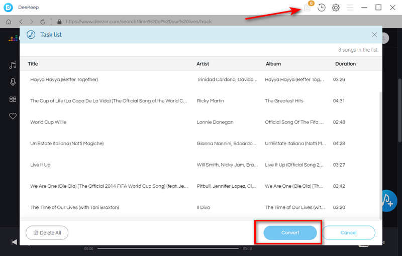 Click Task List Icon to Convert World Cup Songs