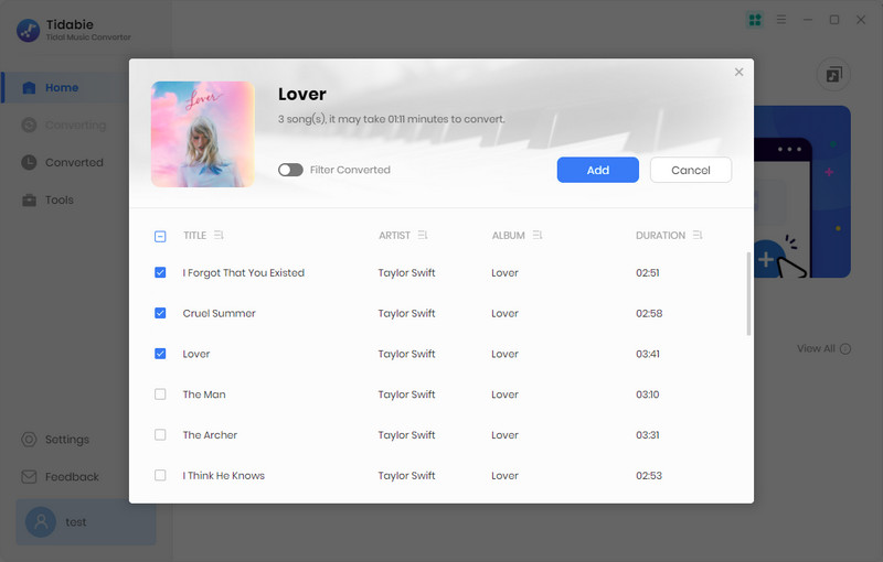 add tidal songs via web player
